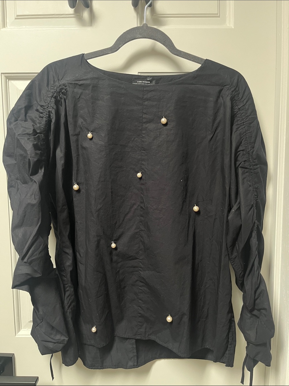 Zara Black Pearl-Accent Long Sleeve Blouse